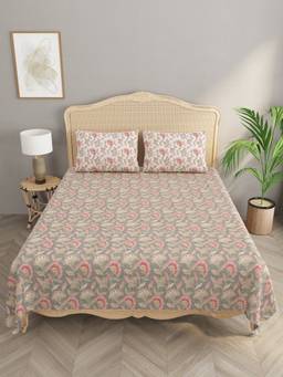 House of Gulab - Grey Floral Print Cotton Super King Bedsheet With 2 Reversible Pillow Covers