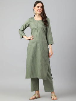 Shaily - Green Printed Striped Viscose Kurta (Set of 2)