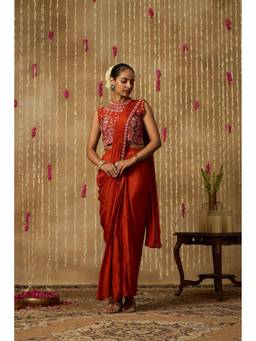 Alaya by Stage3 - Jhoom Burnt Rust Embroidered Pre-Drape Saree