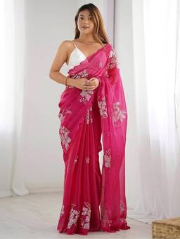 FLOSIVE - Pink Women Organza Sequin Embroidery Saree