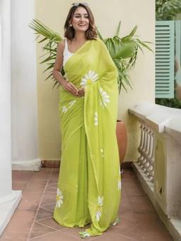 FLOSIVE - Green Women Lightweight Cotton Blend Floral Hand Painted Saree