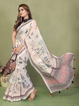 FLOSIVE - Off White Designer Soft Cotton Linen Printed Woven Saree
