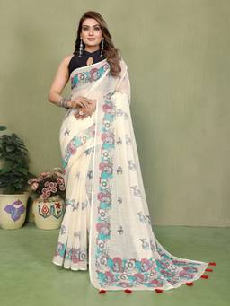 FLOSIVE - Off White Designer Soft Cotton Linen Floral Printed Saree