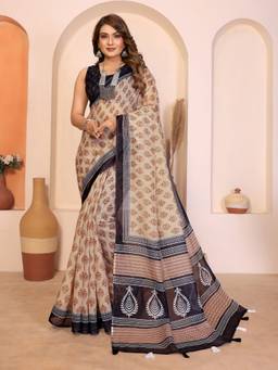 FLOSIVE - Brown Soft Linen Cotton Printed Tassels Saree
