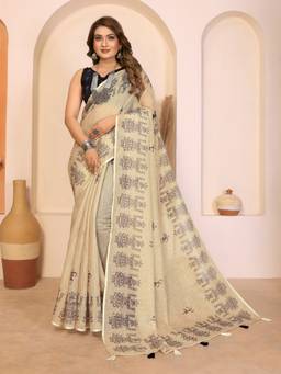 FLOSIVE - Beige Designer Soft Cotton Linen Printed Tassels Saree