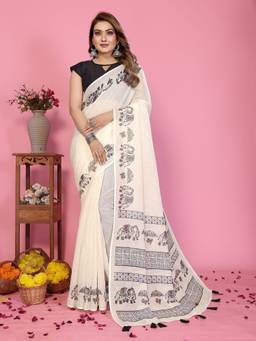 FLOSIVE - Off White Soft Cotton Linen Kalamkari Printed Saree