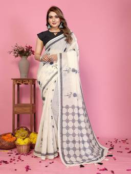 FLOSIVE - Off-White Designer Soft Cotton Linen Floral Printed Saree