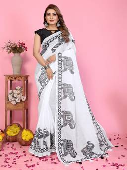 FLOSIVE - White Linen Cotton Kalamkari Printed Saree
