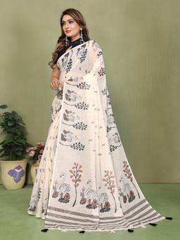 FLOSIVE - Ivory Designer Soft Cotton Linen Printed Woven Saree