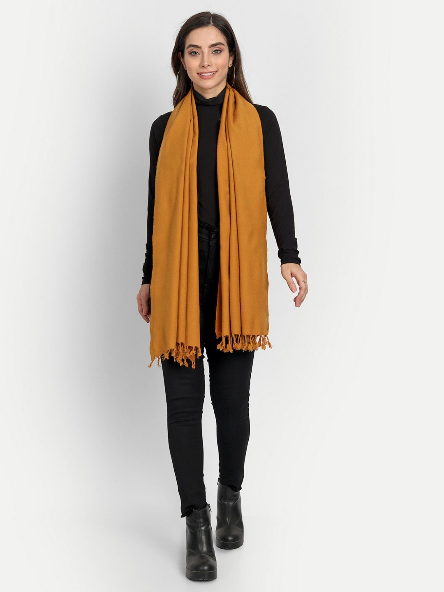alavya Mustard Solid Acrylic Wool Stole With Tasselled Border-picture-36
