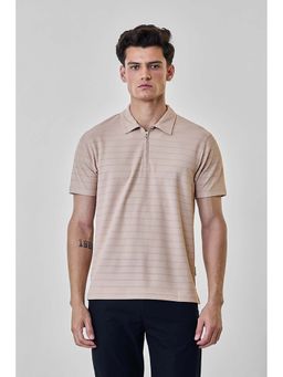 Snitch - Beige Stripes Half Sleeves Slim Casual Polo T-shirt for Men