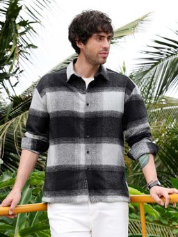 Campus Sutra - Men's Coin Grey: Midnight Black Vignette-Checkered Oversized Shacket