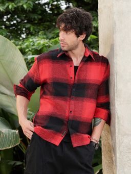 Campus Sutra - Men's Rose Red: Midnight Black Vignette-Checkered Oversized Shacket