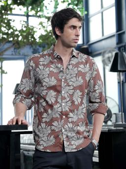 Campus Sutra - Men's Mocha Brown Contrast-Sunflower Imprint Shirt