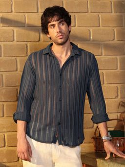 Campus Sutra - Men's Prussian Navy Blue Panel Jacquard-Knit Shirt