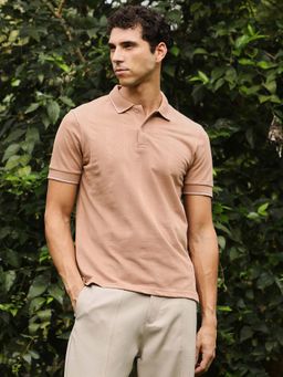 Campus Sutra - Men's Pale Brown Lined-Knit Polo T-Shirt