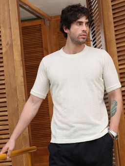 Campus Sutra - Men's Cream Dash-Ribbed Knit T-Shirt