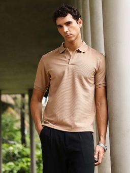 Campus Sutra - Men's Khaki Beige Slanted-Jacquard Knit Polo T-Shirt