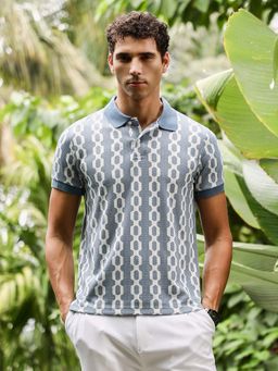 Campus Sutra - Men's Steel Blue Link-Jacquard Polo T-Shirt