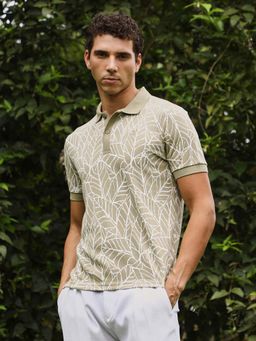 Campus Sutra - Men's Olive Foliage-Jacquard Polo T-Shirt