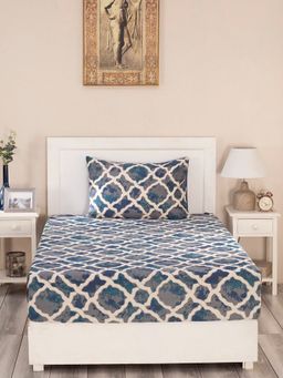 Maspar - Nouveau Tradition Form Replay 300 TC Cotton Blue Print Single Bedsheet ,1 Pillow Cover