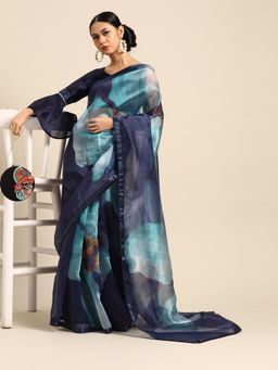 Tikhi Imli - Navy Blue Floral Printed Organza Saree with Unstitched Blouse