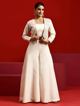 Libas Art - Womens Off White Embroidered Crop Top with Jacket and Palazzo (Set of 3)