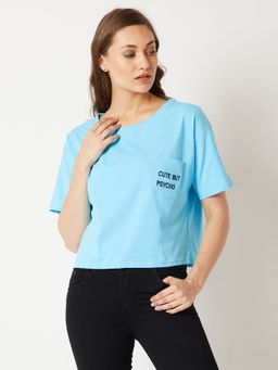 Miss Chase - Women's Light Blue Round Neck Half Sleeve Solid Embroidered Pocket Boxy T-Shirt