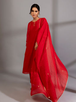 PANTS AND PAJAMAS - Red Chanderi Embroidered Dupatta