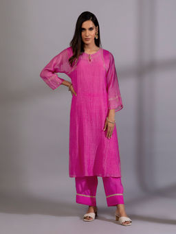 PANTS AND PAJAMAS - Pink Solid Chanderi Embroidered Kurta