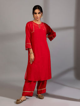 PANTS AND PAJAMAS - Red Chanderi Embroidered Kurta