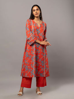 PANTS AND PAJAMAS - Red Cotton Round Neck Printed Kurta