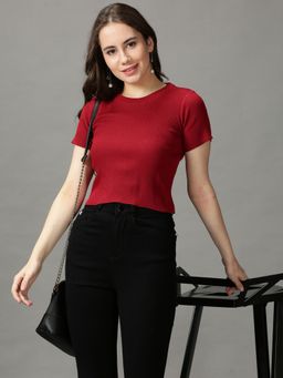 SHOWOFFFF - Womens Round Neck Fitted Solid Maroon Crop Top