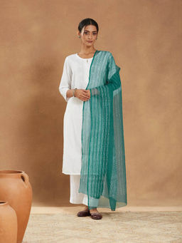 Fabindia - Women Teal Cotton Silk Hand Block Printed Dupatta