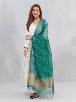 Fabindia - Women Green Cotton Silk Blend Dupatta