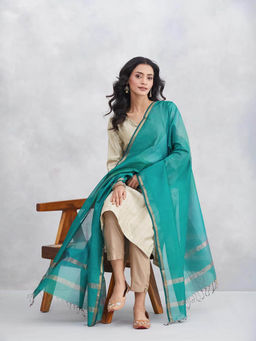 Fabindia - Women Teal Cotton Silk Blend Dupatta