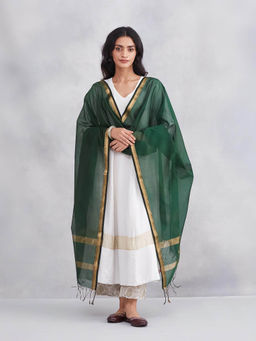 Fabindia - Women Bottle Green Cotton Silk Blend Dupatta