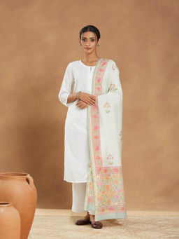 Fabindia - Women Off White Cotton Silk Blend Printed Dupatta