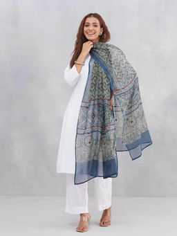 Fabindia - Women Navy Blue Cotton Silk Blend Printed Dupatta