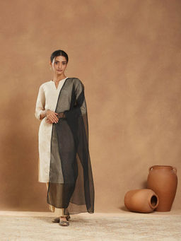 Fabindia - Women Black Cotton Silk Metallic Embroidered Dupatta