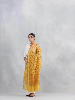 Fabindia - Women Mustard Cotton Silk Blend Hand Block Printed Dupatta