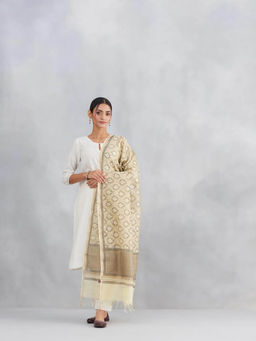 Fabindia - Women Beige Cotton Silk Blend Hand Block Printed Dupatta