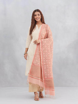 Fabindia - Women Pink Cotton Silk Blend Hand Block Printed Dupatta