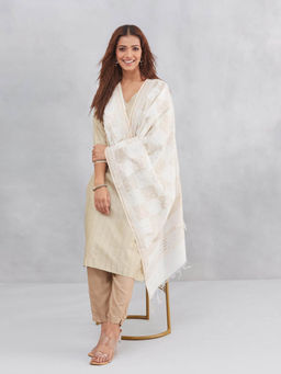 Fabindia - Women Off White Cotton Silk Blend Hand Block Printed Dupatta