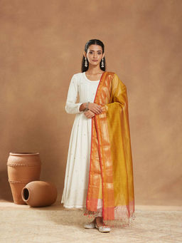 Fabindia - Women Mustard Cotton Silk Blend Maheshwari Dupatta
