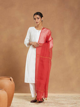 Fabindia - Women Red Cotton Silk Desert Embroidered Dupatta