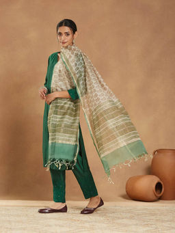 Fabindia - Women Green Silk Blend Hand Block Printed Dupatta