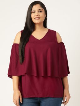 theRebelinme - Plus Size Women Solid Colour Cold Shoulder Sleeves Layered Top