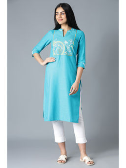 Aurelia - Blue Cotton Solid Kurta
