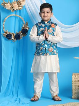 Vastramay - Boys Turquoise & Cream Jacket With Kurta & Pyjama (Set of 3)